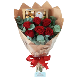 Buquê Clássico 06 Rosas + Ferrero 8 Bombons